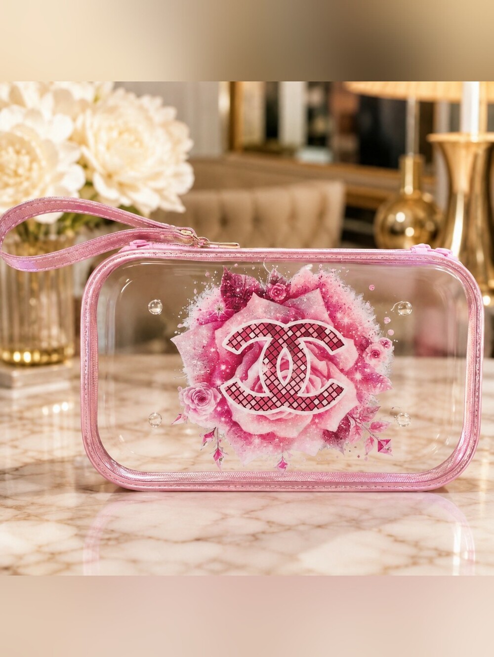 Pink Clear Floral Logo Wristlet Pouch